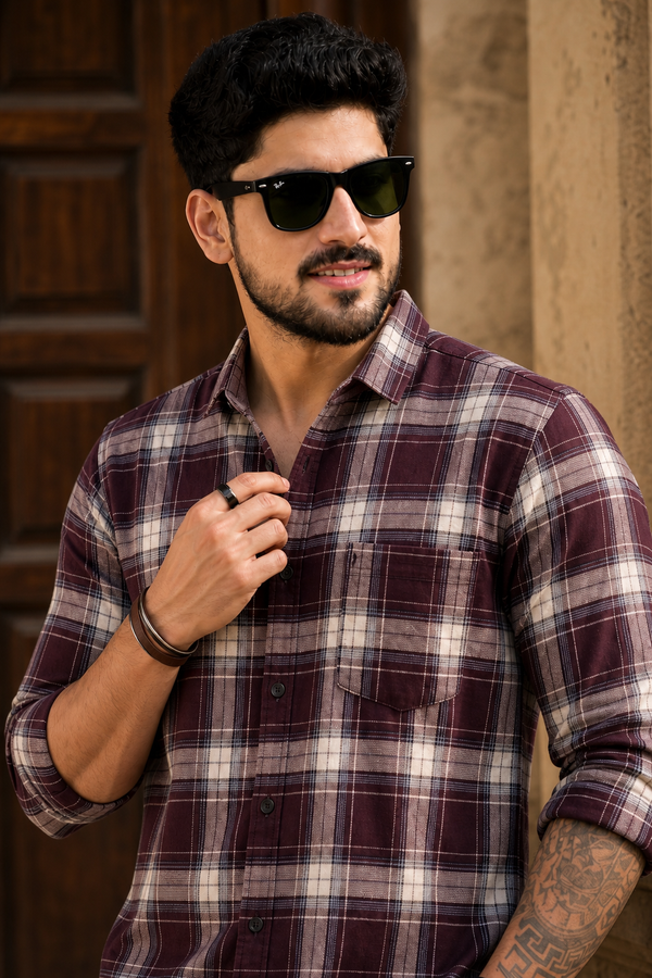Men Premium Wine Checked Shirt | Everyday Wear PRA-568-2