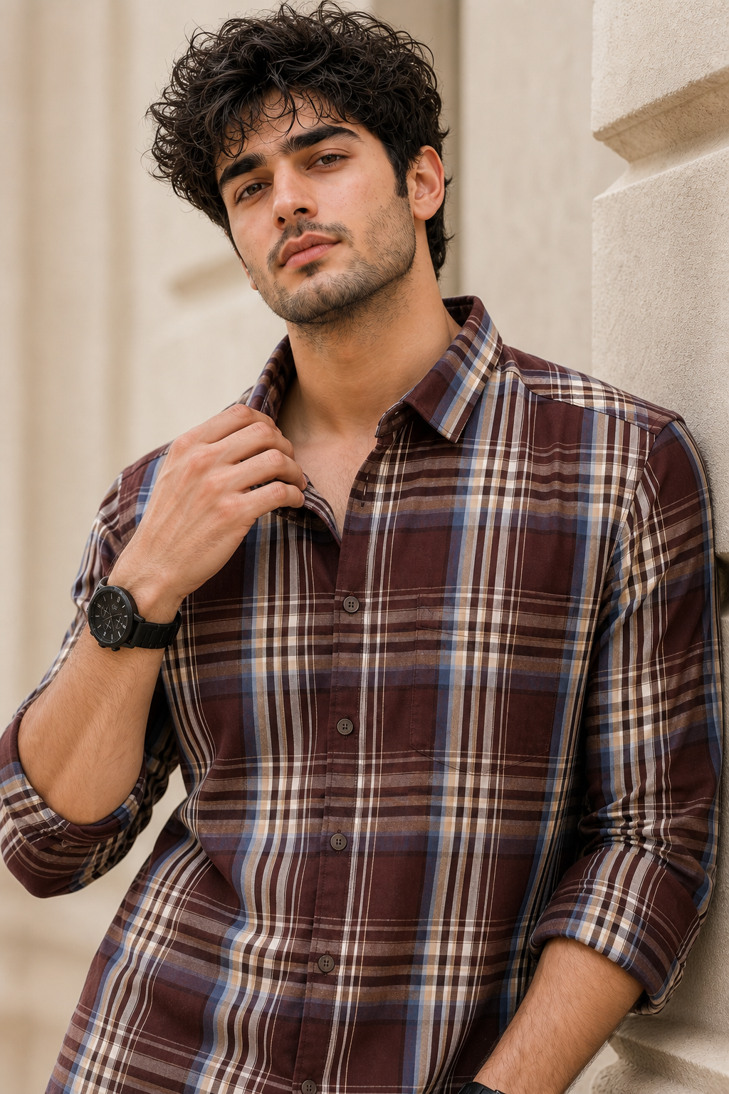 Men Coffee & Blue Checked Shirt - Full Sleeve KEV-597-14
