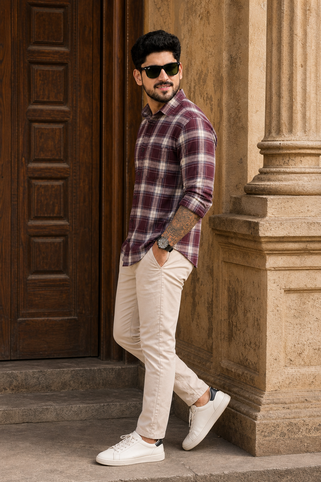 Men Premium Wine Checked Shirt | Everyday Wear PRA-568-2