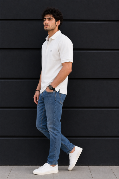 Men White Korean Style Zipper Neck Polo T-Shirt ATL5771