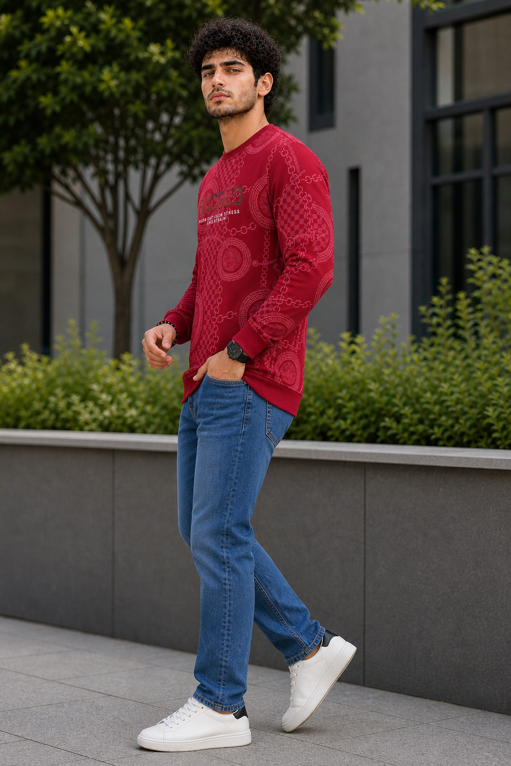Men Red Chain Print Full Sleeve SweatShirt | RAGGED Graphic ATL3035