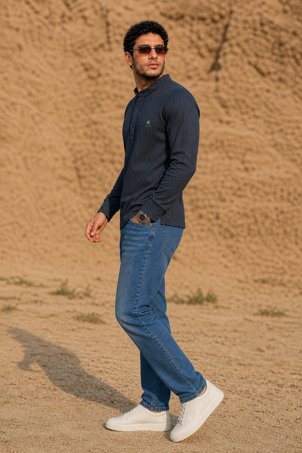 Men Black Textured Ribbed Henley T-Shirt | Long Sleeve Mandarin Collar ATL6503
