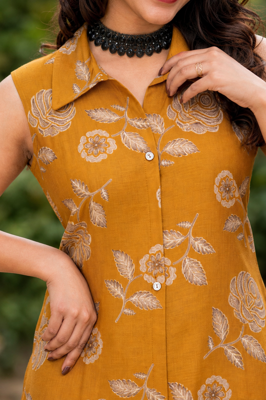 Women Haldi Yellow Rose Printed Sleeveless Kurta & Plazo Coord Set SHALINI-275