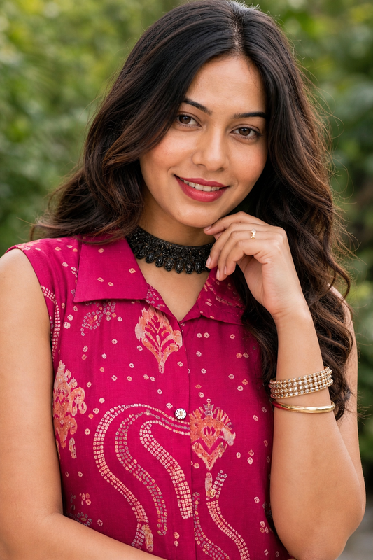 Women Pink Bandhani Printed Sleeveless Kurta & Plazo Coord Set SHALINI-269