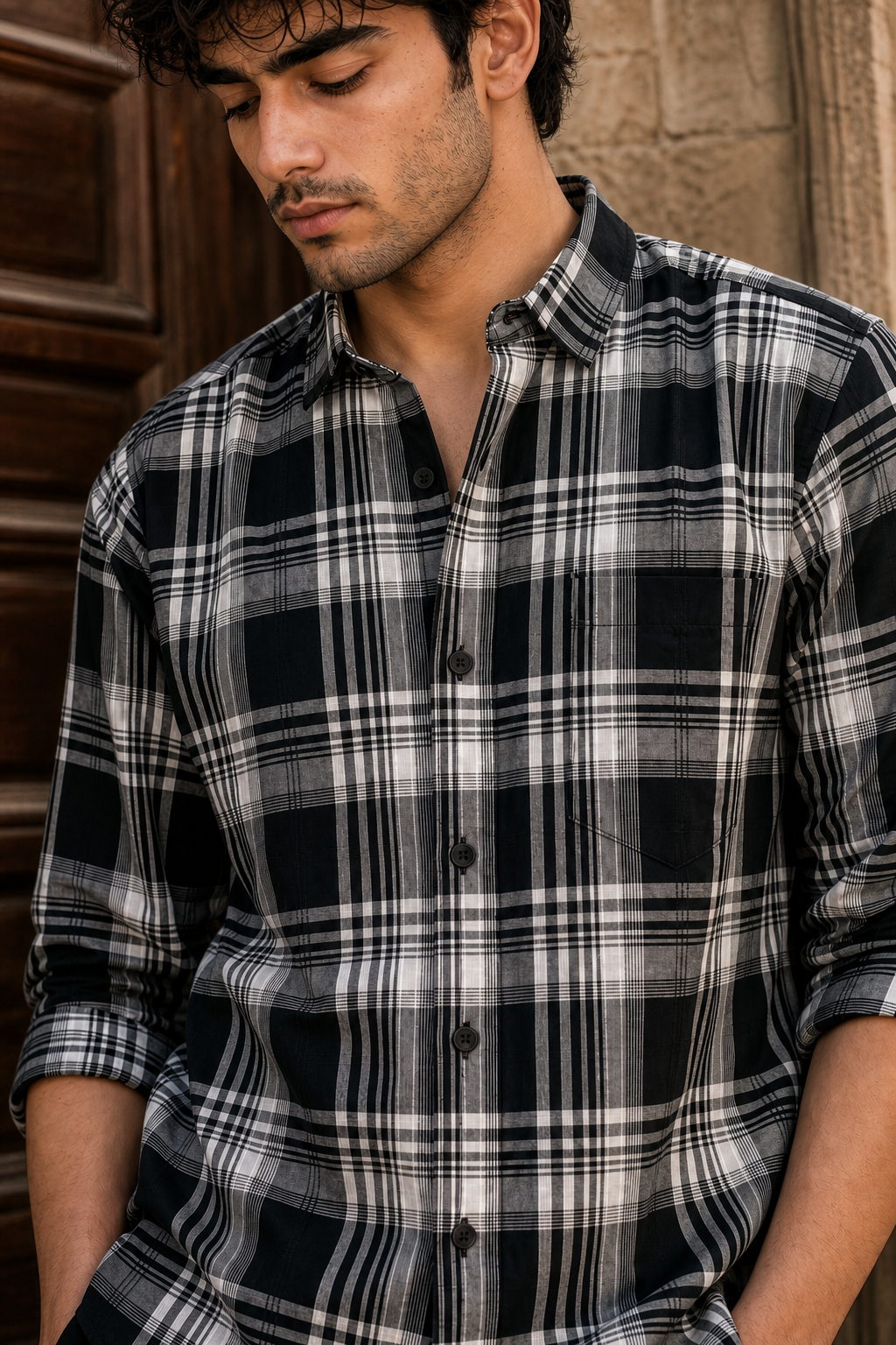 Men Black & White Classic Tartan Checked Shirt - Slim Fit KEV-5970