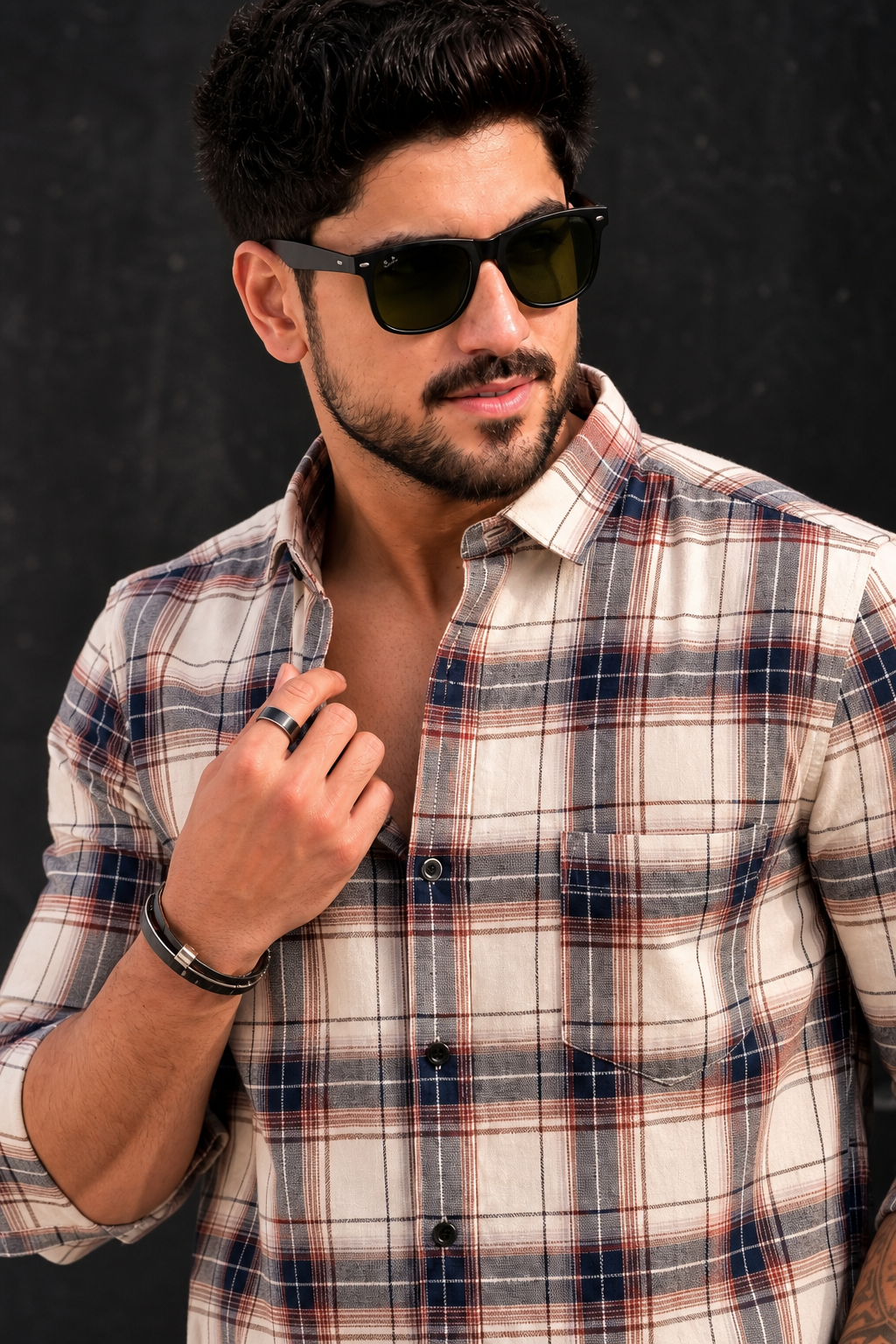 Cream Red Checks Shirt For Men - Casual Wear PRA-56800