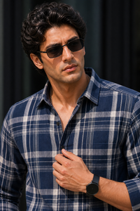 Classic Navy Blue Tartan Check Shirt - Men Slim Fit KEV-5920