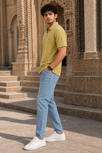 Men Yellow Green Korean Style Zipper Neck Polo T-Shirt ATL5771