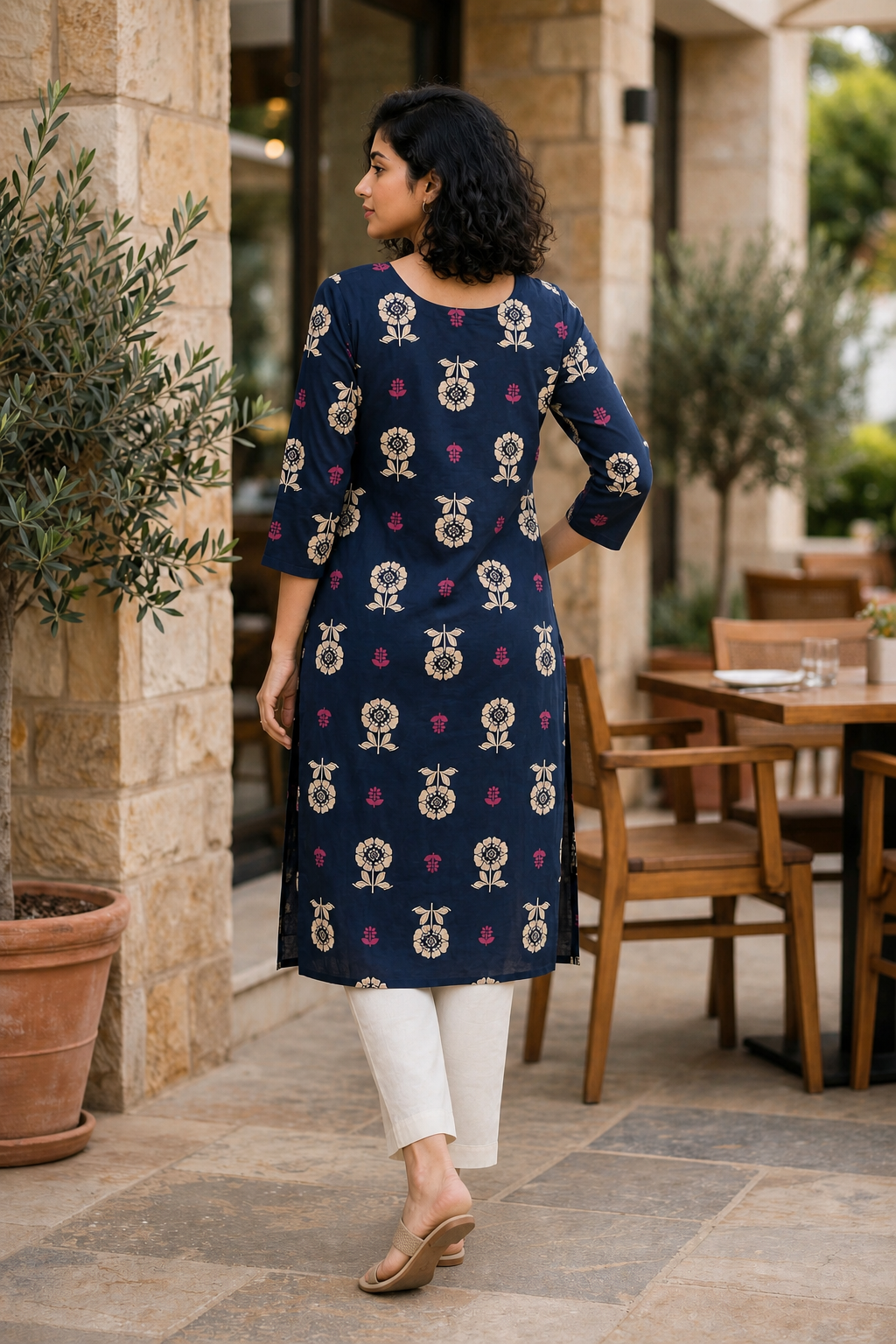Women Navy Blue Beige Floral Cotton Kurti - Back View