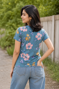Women Blue Floral Print Round Neck T-Shirt M-7236-13