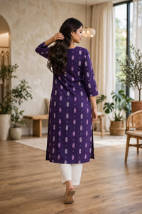 Women Purple Cotton Kurti - Back View