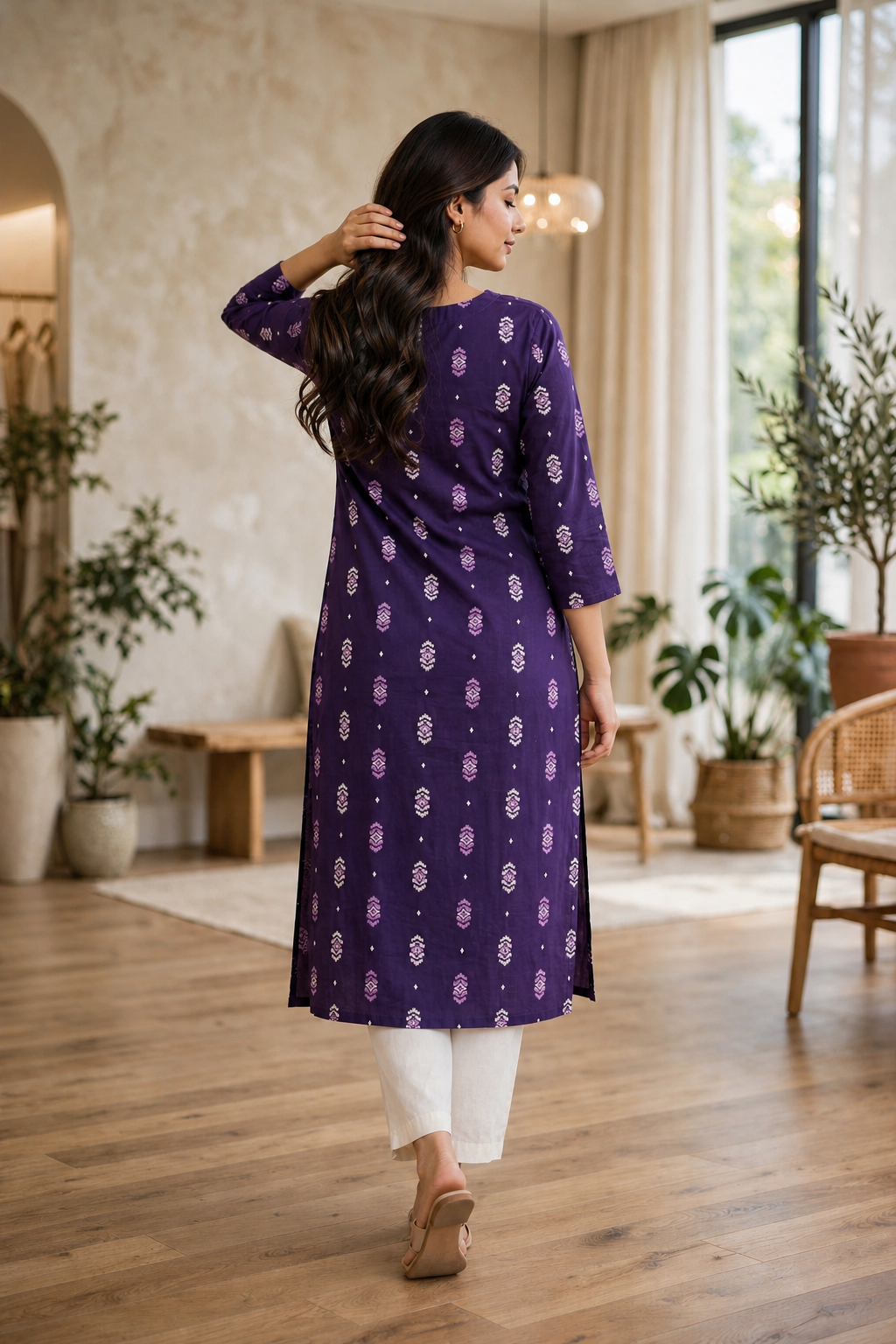 Women Purple Cotton Kurti - Back View
