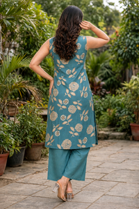 Women Pista Rose Printed Sleeveless Kurta & Plazo Coord Set SHALINI-275