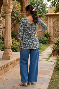 Women White Blue Floral Vine Print With Backlace Short Kurti 3561