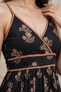 Women Black Floral Printed Short Kurti - Sleeveless Cotton Angrakha Style Peplum Top ATL5230