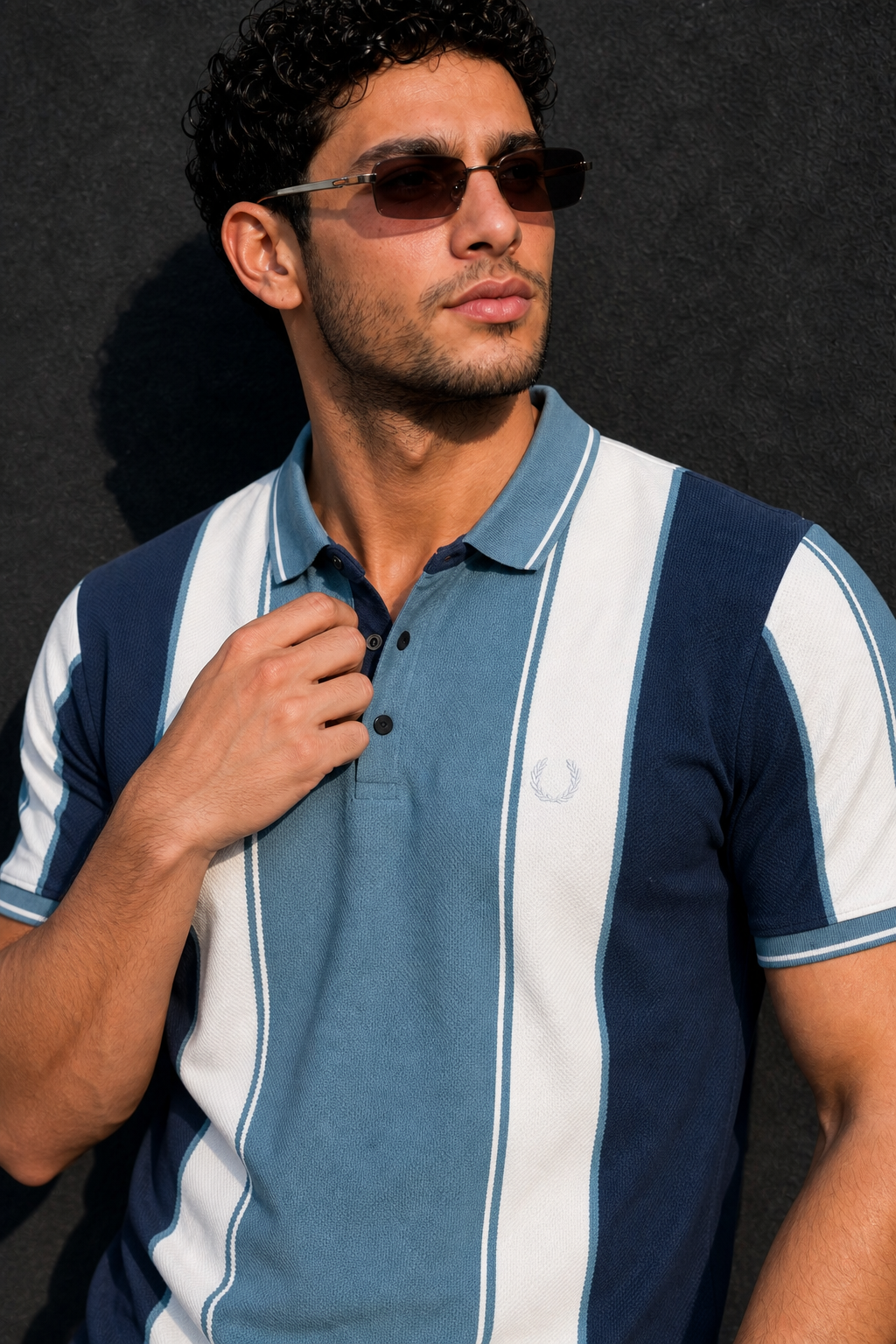 Men Blue & White Striped Polo T-Shirt with Snap Buttons ATL9239