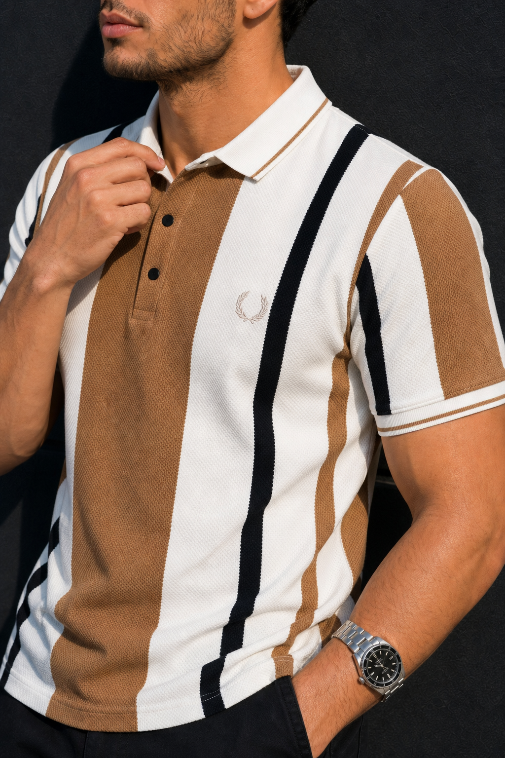 Men Brown & Black Striped Snap Button Polo T-Shirt ATL9244