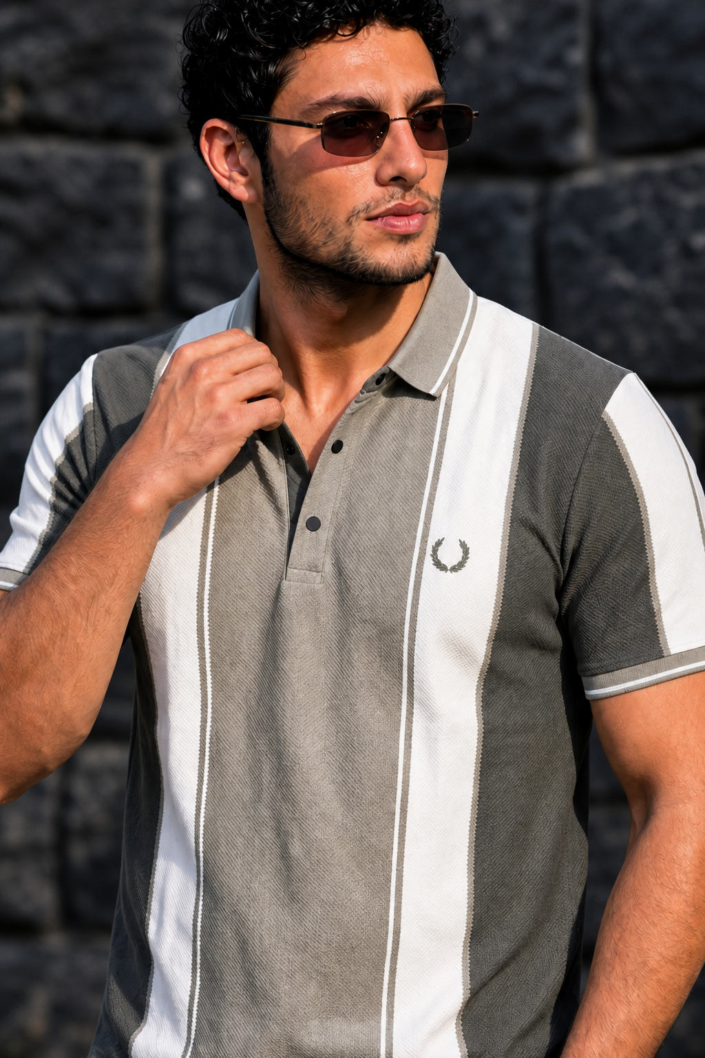Men Pista & White Striped Polo T-Shirt with Snap Buttons ATL9239
