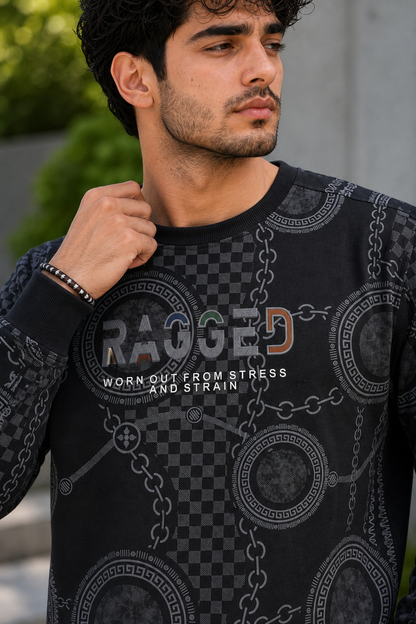 Men Black Chain Print Full Sleeve SweatShirt | RAGGED Graphic ATL3035