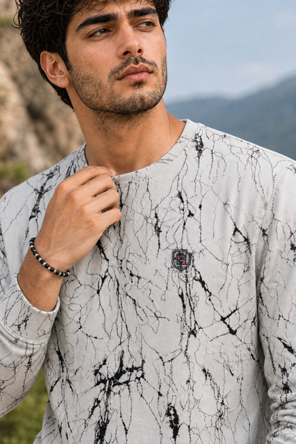 Men White Marble Print Full Sleeve Sweatshirt ATL3023