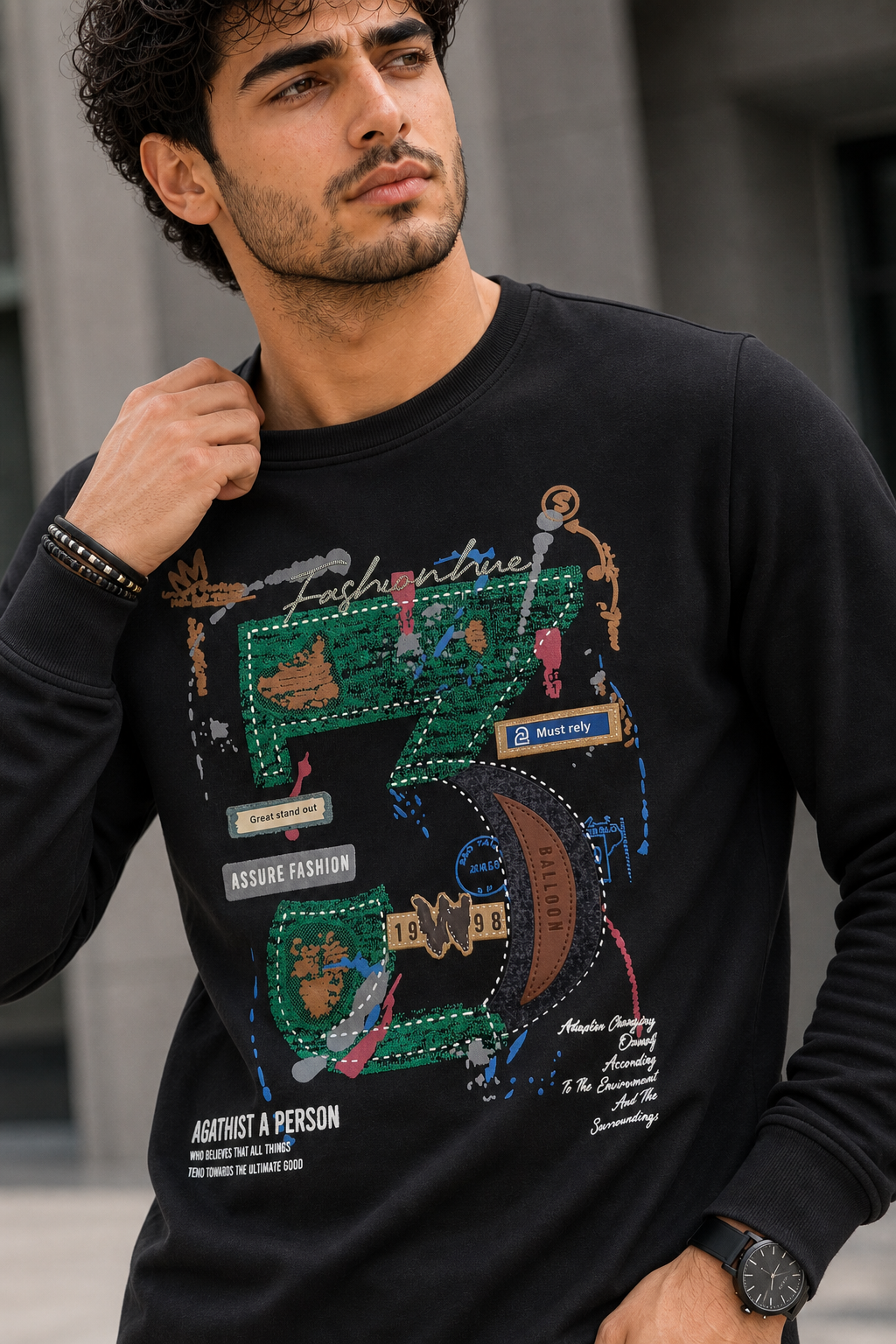 Men Black Graphic Crewneck Sweatshirt ATL3063