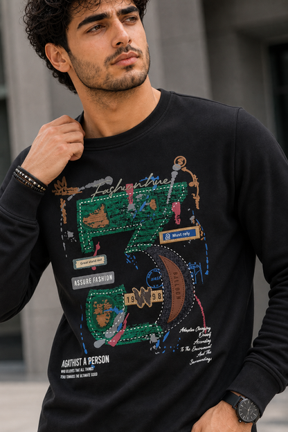 Men Black Graphic Crewneck Sweatshirt ATL3063