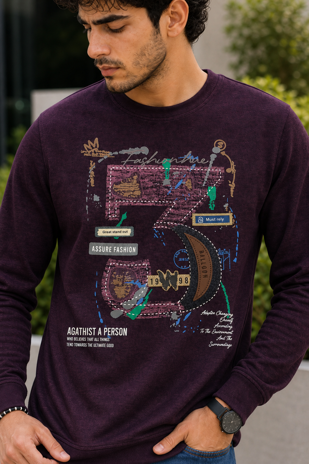 Men Wine Graphic Crewneck Sweatshirt ATL3063