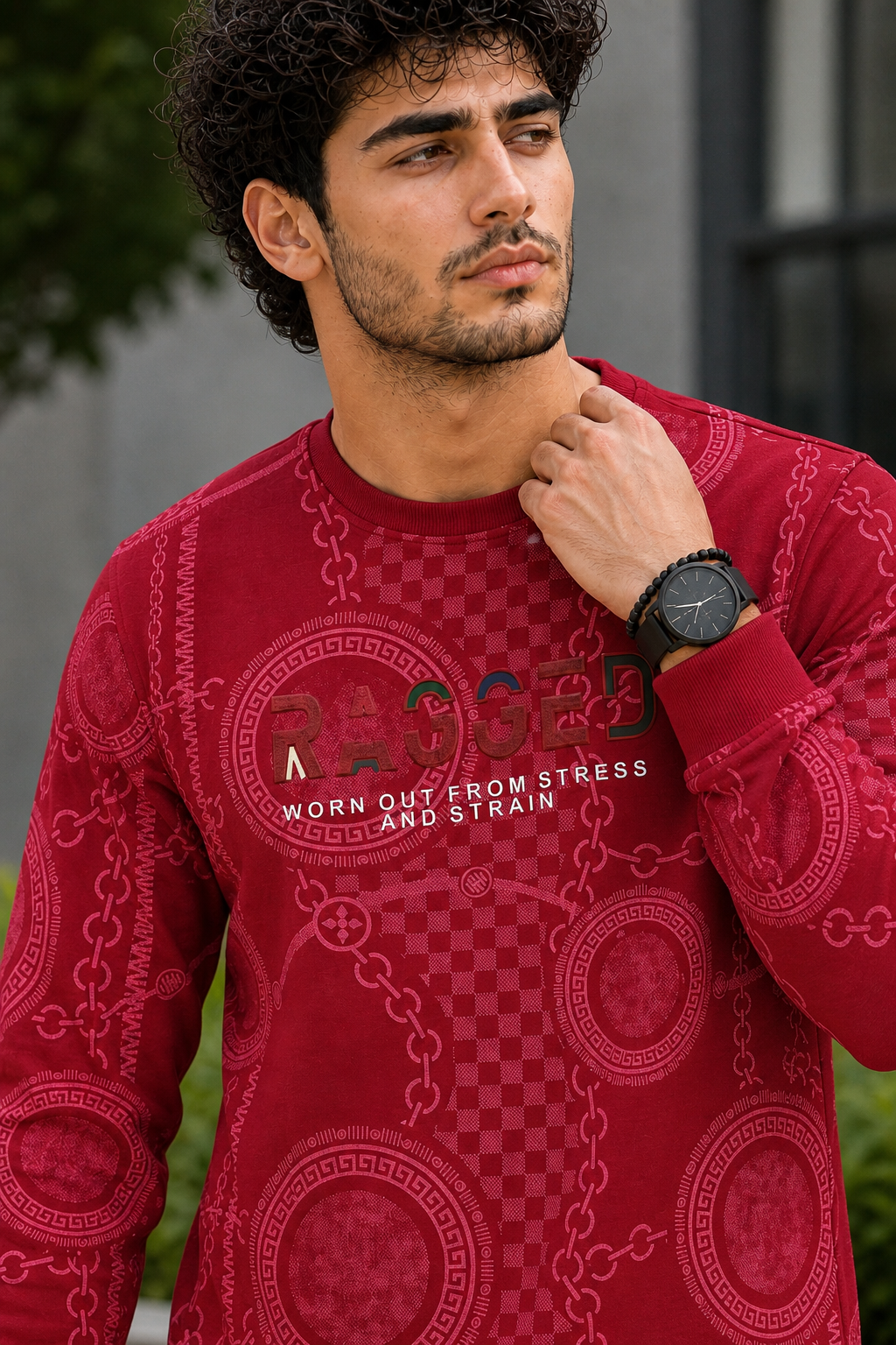 Men Red Chain Print Full Sleeve SweatShirt | RAGGED Graphic ATL3035