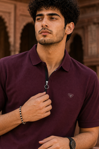 Men Wine Korean Style Zipper Neck Polo T-Shirt ATL5771