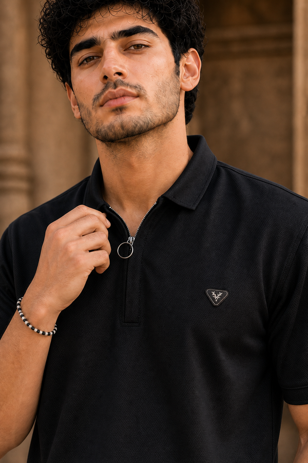 Men Black Korean Style Zipper Neck Polo T-Shirt ATL5771