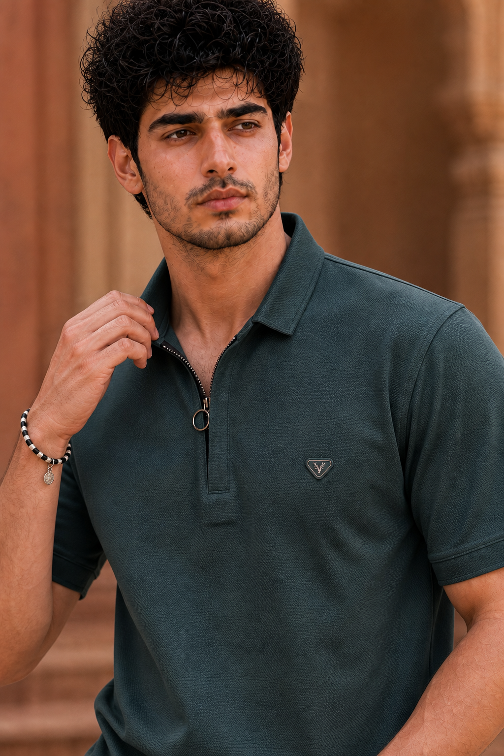 Men Bottle Green Korean Style Zipper Neck Polo T-Shirt ATL5771