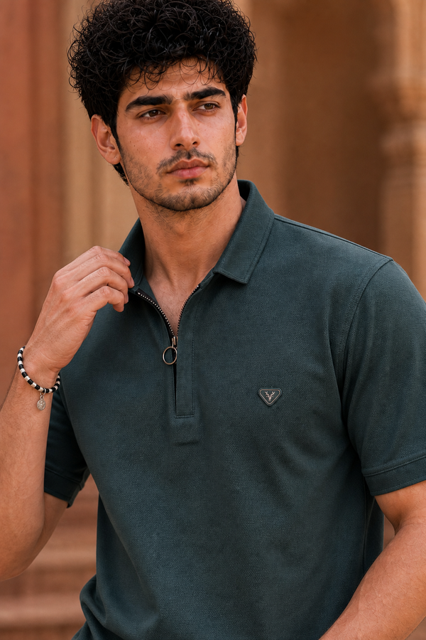 Men Bottle Green Korean Style Zipper Neck Polo T-Shirt ATL5771