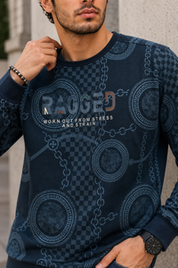Men Prussian Blue Chain Print Full Sleeve SweatShirt | RAGGED Graphic ATL3035