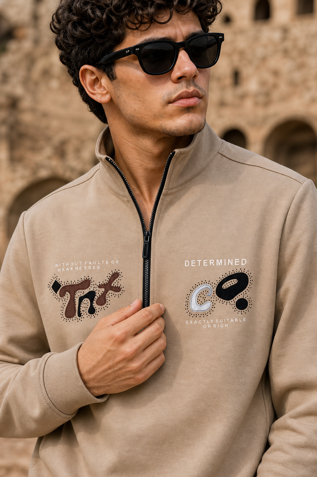 Men Beige Half-Zip Mock Neck Graphic Print Sweatshirt ATL3027