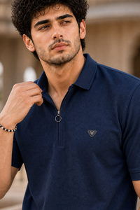 Men Navy Blue Korean Style Zipper Neck Polo T-Shirt ATL5771