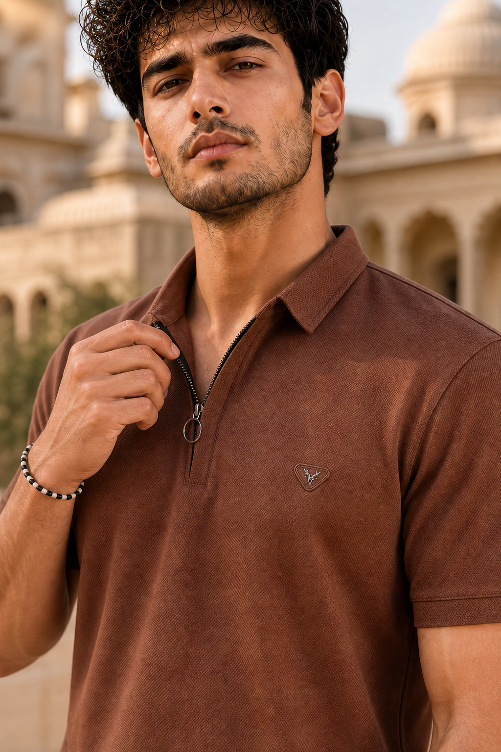 Men Coffee Korean Style Zipper Neck Polo T-Shirt ATL5771