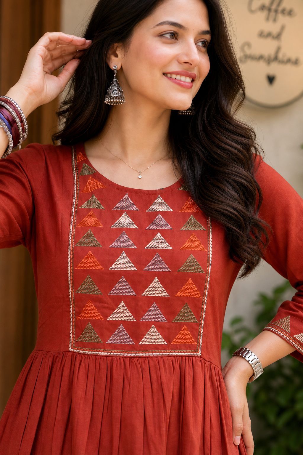 Women Rust Short Kurti - Embroidered Yoke - 3/4 Sleeve ATL5271