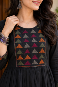 Women Black Short Kurti - Embroidered Yoke - 3/4 Sleeve ATL5271