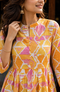 Women Yellow Floral Cotton Short Frock Kurti - 3/4 Sleeves ATL5255