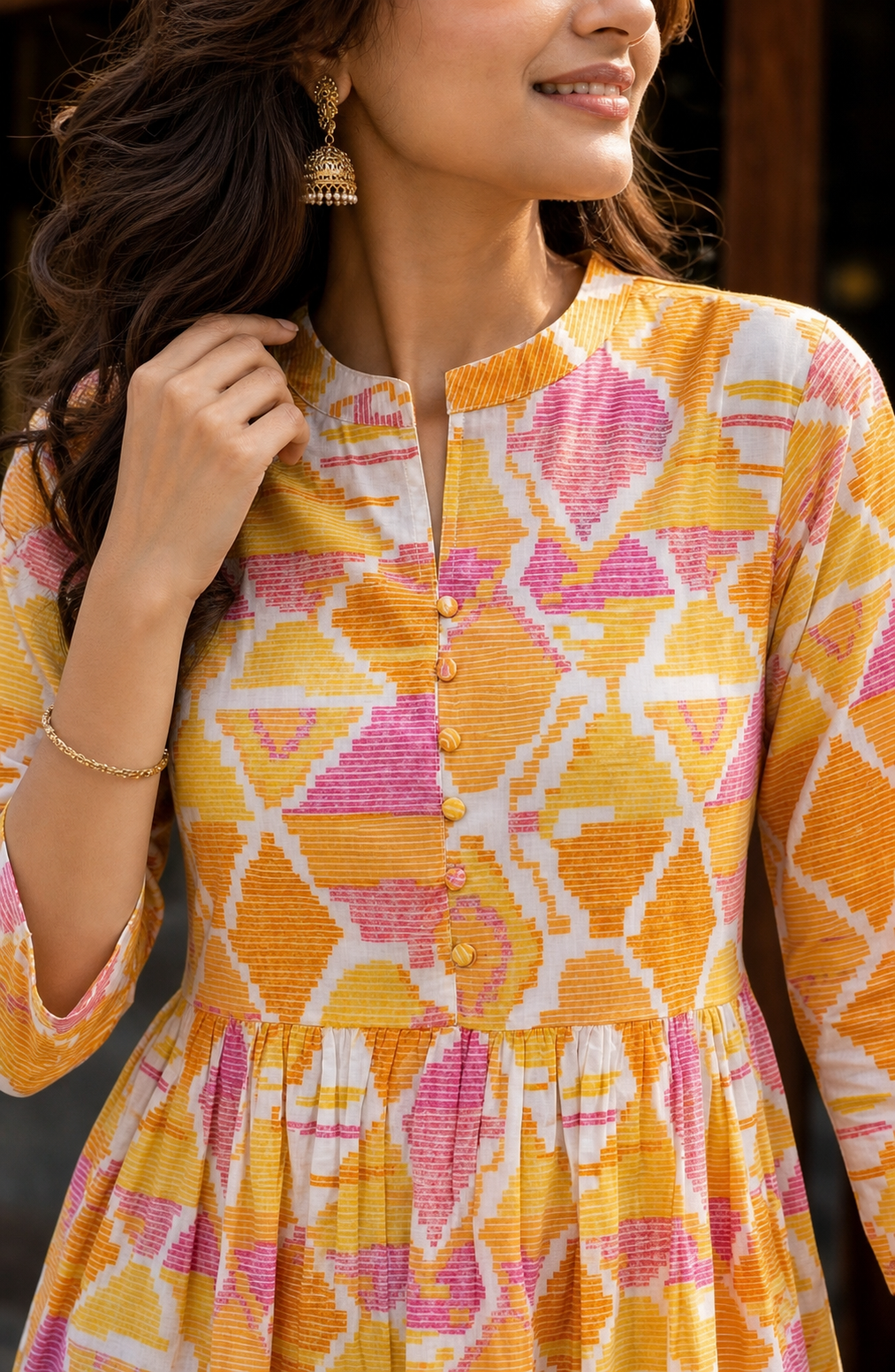 Women Yellow Floral Cotton Short Frock Kurti - 3/4 Sleeves ATL5255