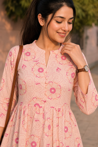 Women Orange Floral Cotton Short Frock Kurti - 3/4 Sleeves ATL5255