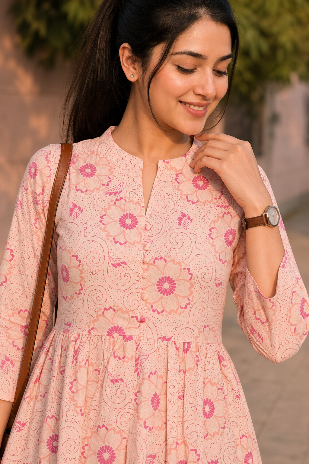 Women Orange Floral Cotton Short Frock Kurti - 3/4 Sleeves ATL5255