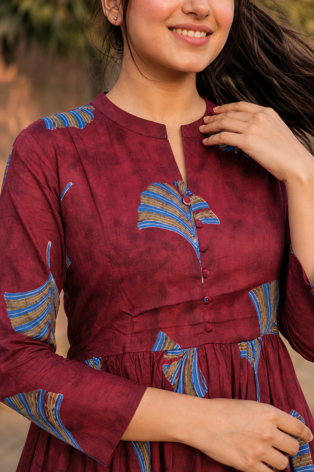 Women Maroon Floral Cotton Short Frock Kurti - 3/4 Sleeves ATL5255