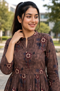Women Brown Floral Cotton Short Frock Kurti - 3/4 Sleeves ATL5255