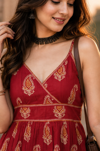 Women Red Floral Printed Short Kurti - Sleeveless Cotton Angrakha Style Peplum Top ATL5230