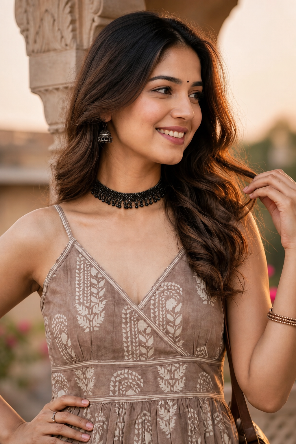Women Beige & Grey Floral Printed Short Kurti - Sleeveless Cotton Angrakha Style Peplum Top ATL5230