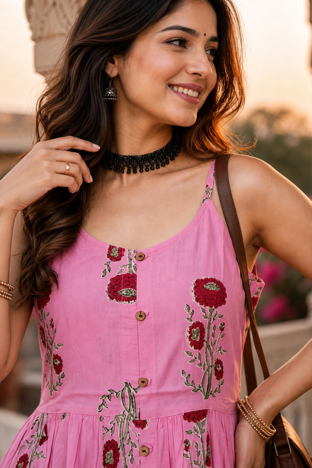 Women Pink Floral Cotton Short Top - Sleeveless Peplum Kurti ATL2154