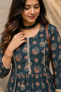 Women Blue Floral Printed Short Kurti 3/4 Sleeves - with Lace Border ATL1265