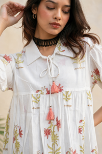 Women Peach Floral Printed Cotton Short Kurti - Collar Neck - Puff Sleeves with Tassel Dori ATL2300