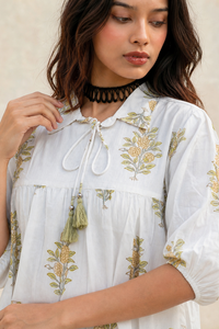 Women Parrot Green Floral Printed Cotton Short Kurti - Collar Neck - Puff Sleeves with Tassel Dori ATL2300